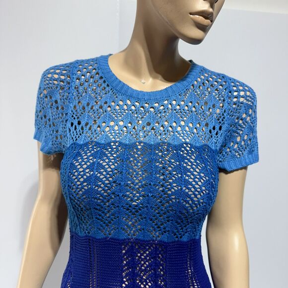 Knit Mix Crochet Open Knit See Thru Maxi Dress Size L Blue Stripe Beach Festival - Picture 2 of 14